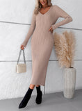 Women Casual V Neck Knit Sweater Dresses