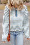 Stripe Textured Frilly Trim Henley Long Sleeve Top