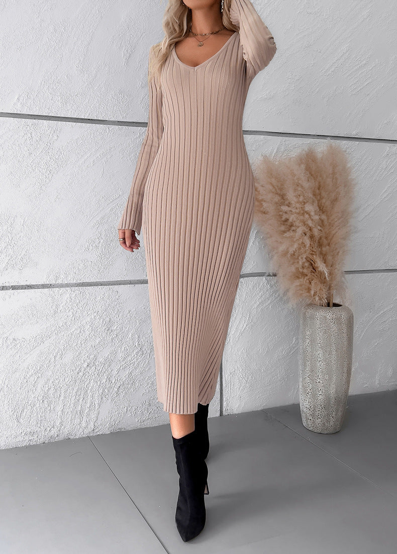 Women Casual V Neck Knit Sweater Dresses