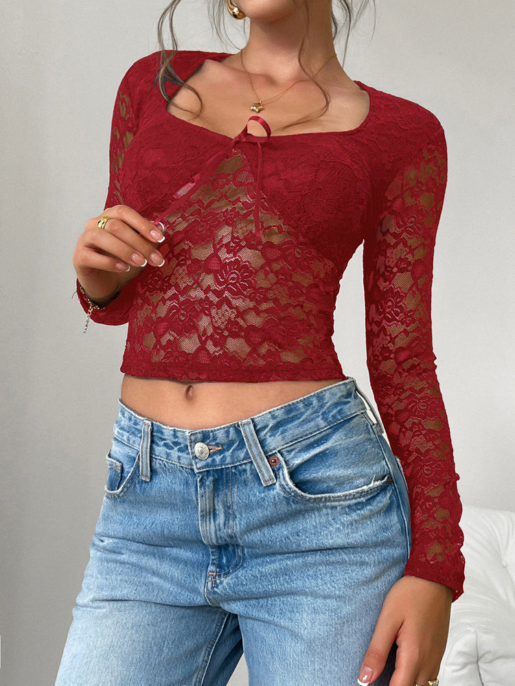 Women's Mesh Top Mock Neck Blouse Lace Tops