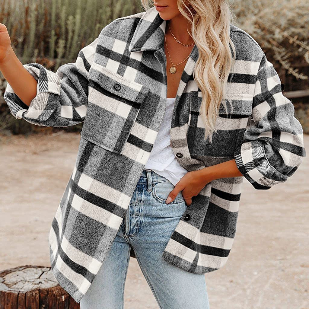 Women's Cross-border Plaid Button Flannel Tweed Shirt Jacket