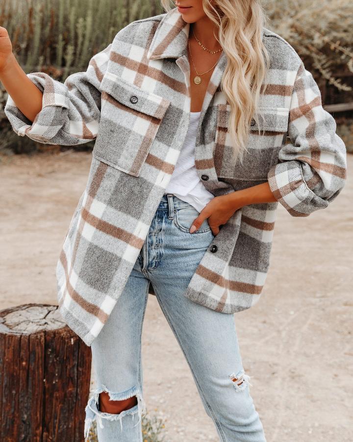 Women's Cross-border Plaid Button Flannel Tweed Shirt Jacket