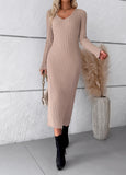 Women Casual V Neck Knit Sweater Dresses