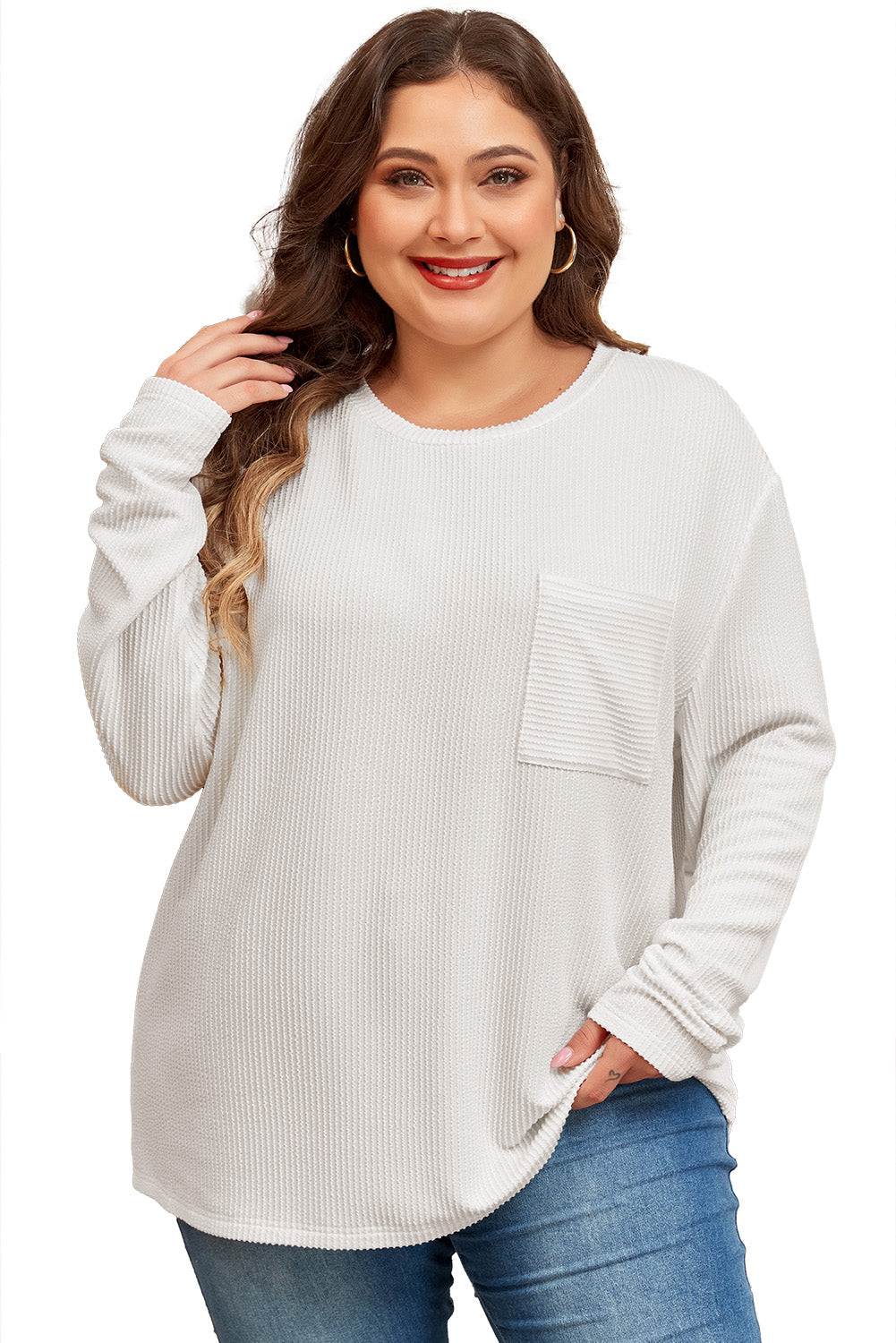 White Plus Size Ribbed Textured Long Sleeve T Shirt