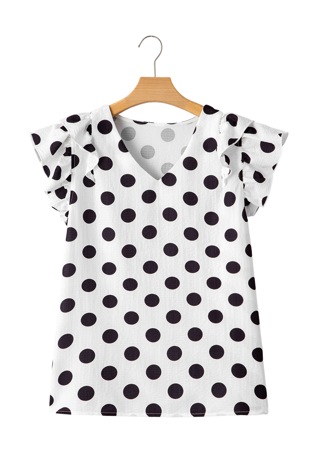 White Polka Dot Print Ruffled Sleeve V Neck Blouse