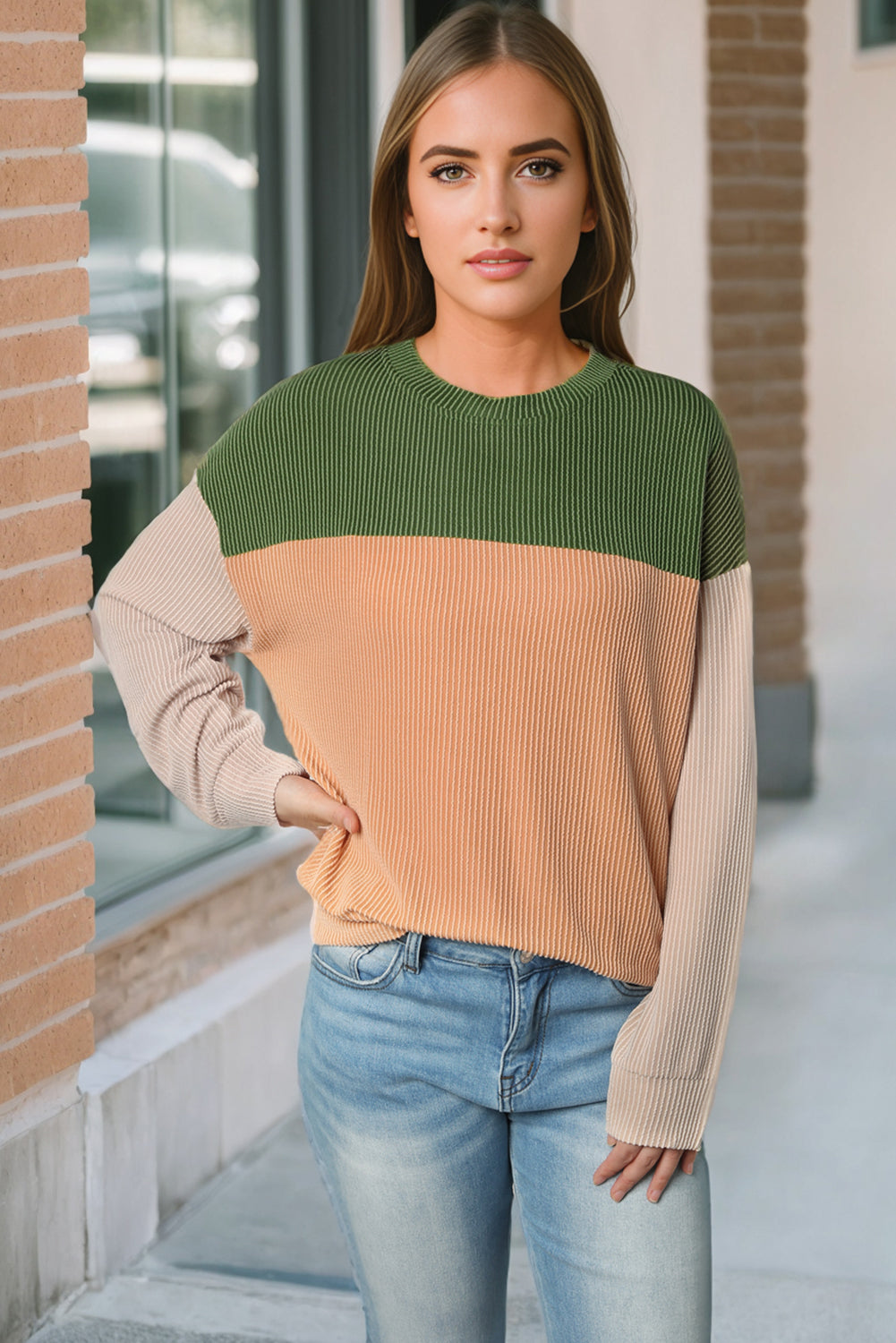 Green Color Block Long Sleeve Ribbed Loose Top