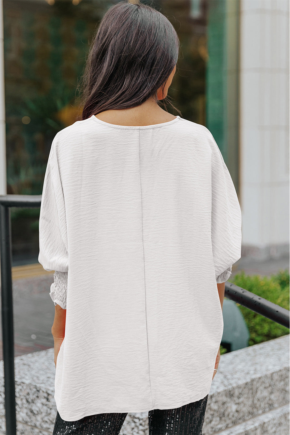 White Smocked Wrist Shift Top