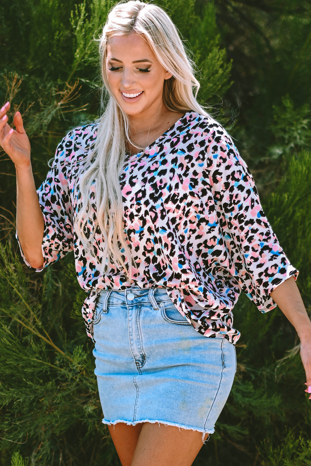 Pink Multicolor Leopard Print V Neck Oversized Blouse