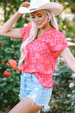 Pink Leopard V Neck Short Sleeve Blouse