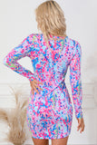 Sky Blue Floral Print Crossed Hem Long Sleeve Mini Dress