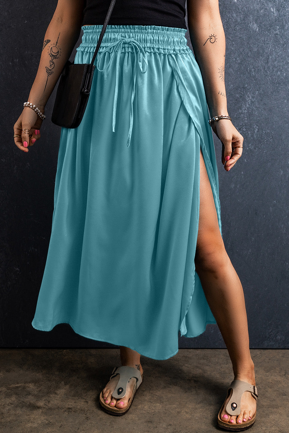 Peacock Blue Drawstring Split Side Flowy Long Skirt