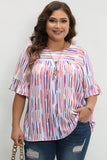 White Stripe Ruffled Short Sleeve Plus Size Blouse