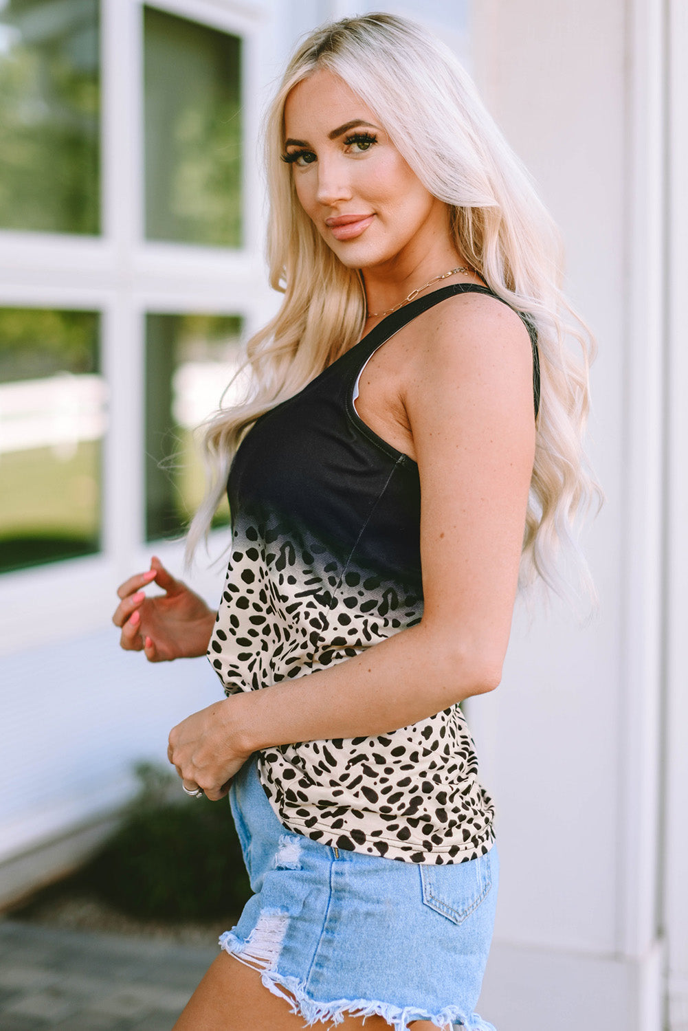 Black Gradient Leopard Split Neck Tank Top