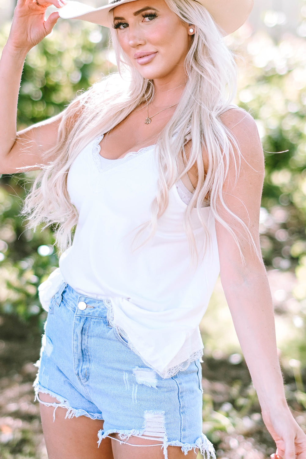 White Delicate Lace Trim Flared Tank Top