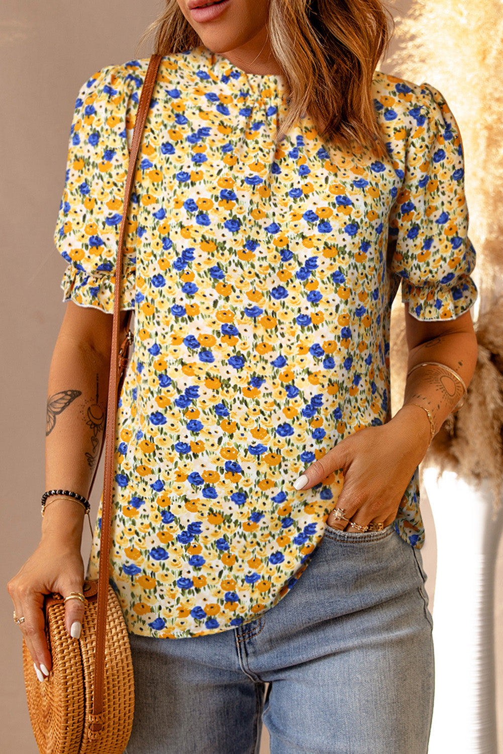 Yellow Boho Floral Ruffle Short Sleeve Frill Mock Neck Blouse