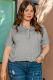 Gray Plus Size Buttoned V Neck Batwing Sleeve Top