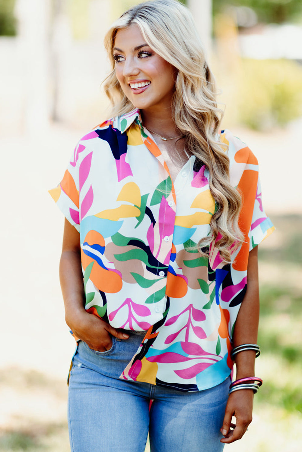 Multicolour Abstract Leafy Print Short Sleeve Shirt