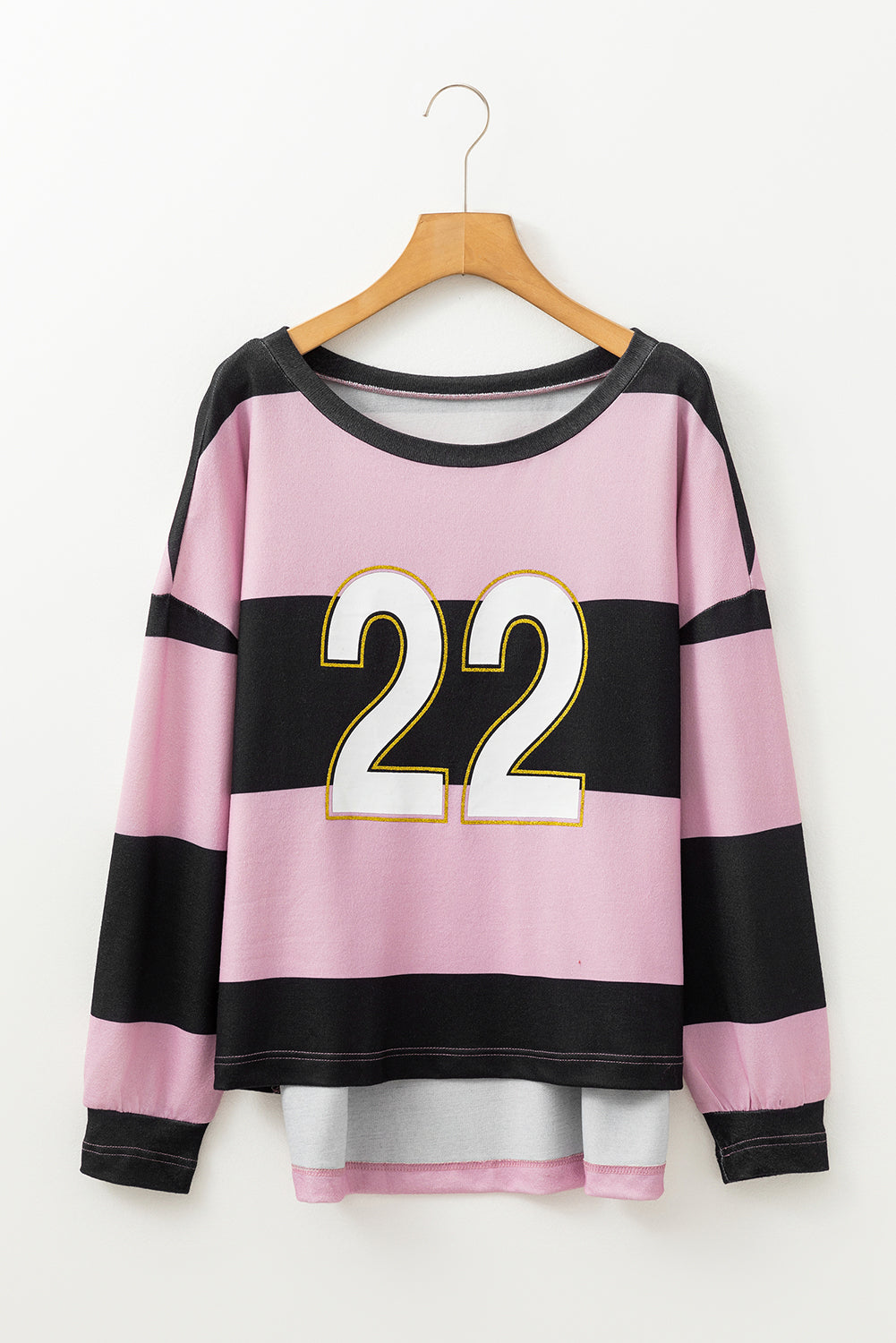 Pink Stripe Color Block Number 22 Print Game Day Loose Long Sleeve Top