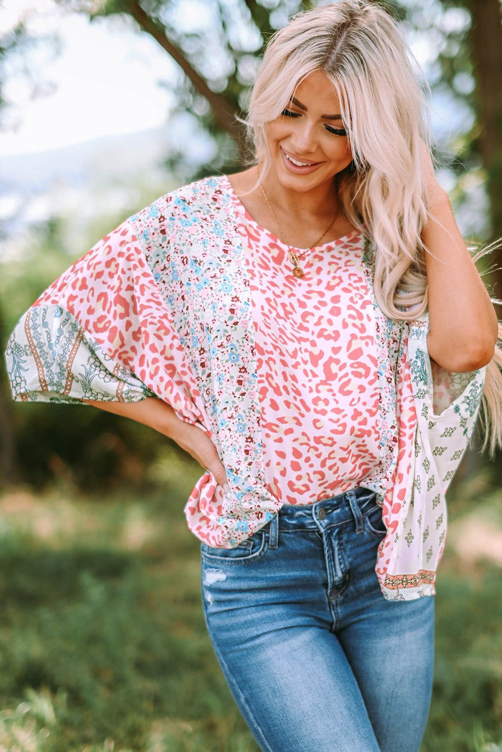 Multicolor Animal Floral Mix Print Cape Top