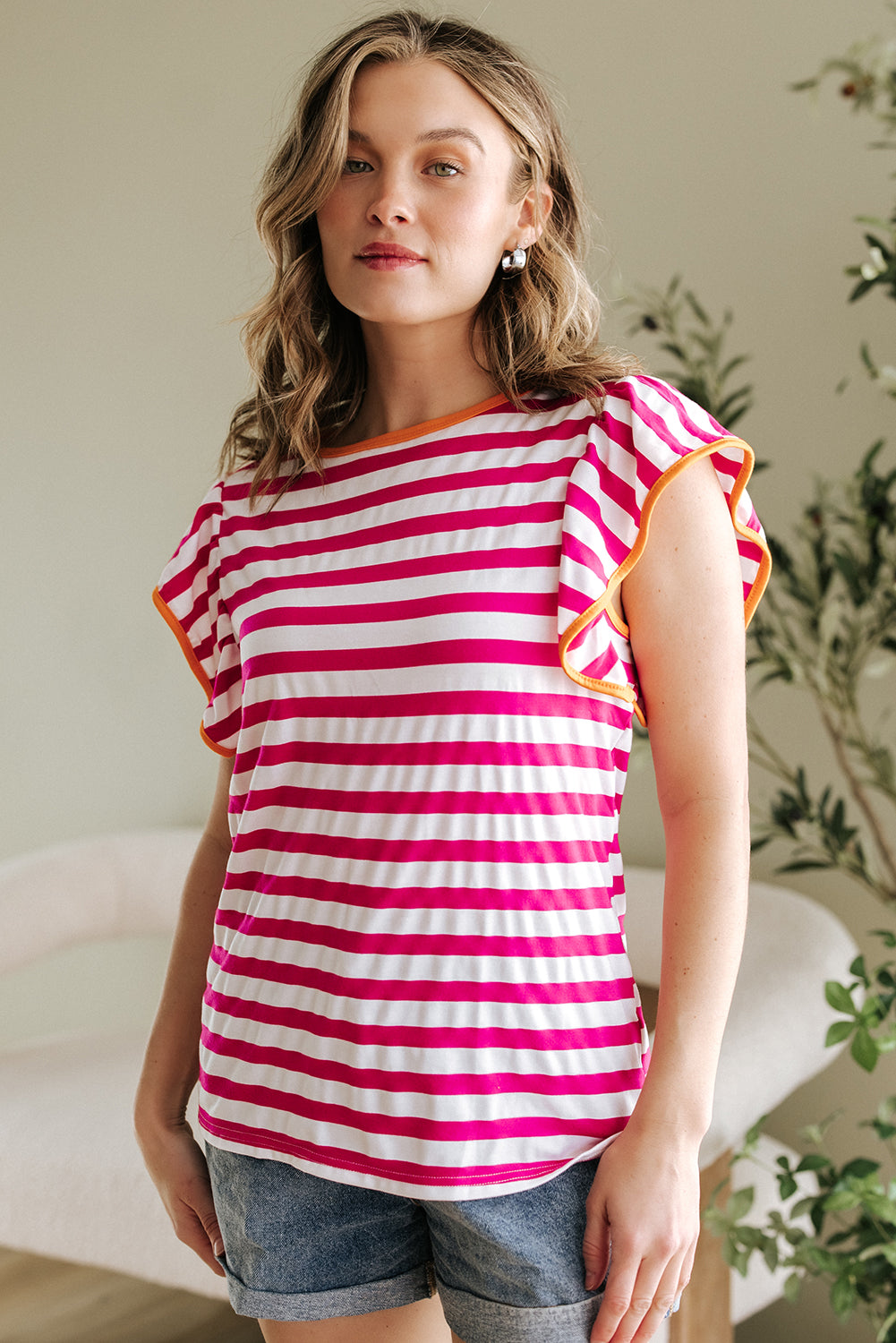 Rose Red Striped Ruffle Sleeve Crew Neck Blouse