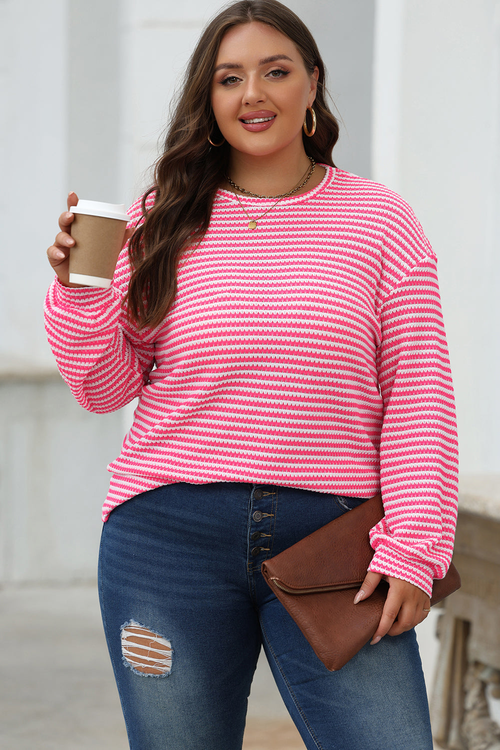 Rose Stripe Round Neck Drop Shoulder Long Sleeve Top