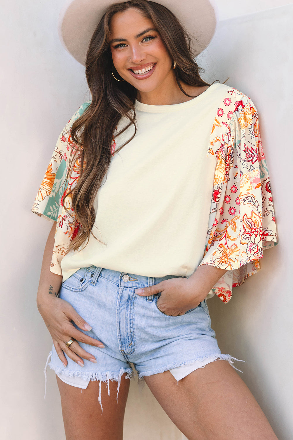 Beige Floral Patchwork Half Batwing Sleeve Blouse