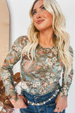 Green Floral Print Mesh Fitted Long Sleeve Top