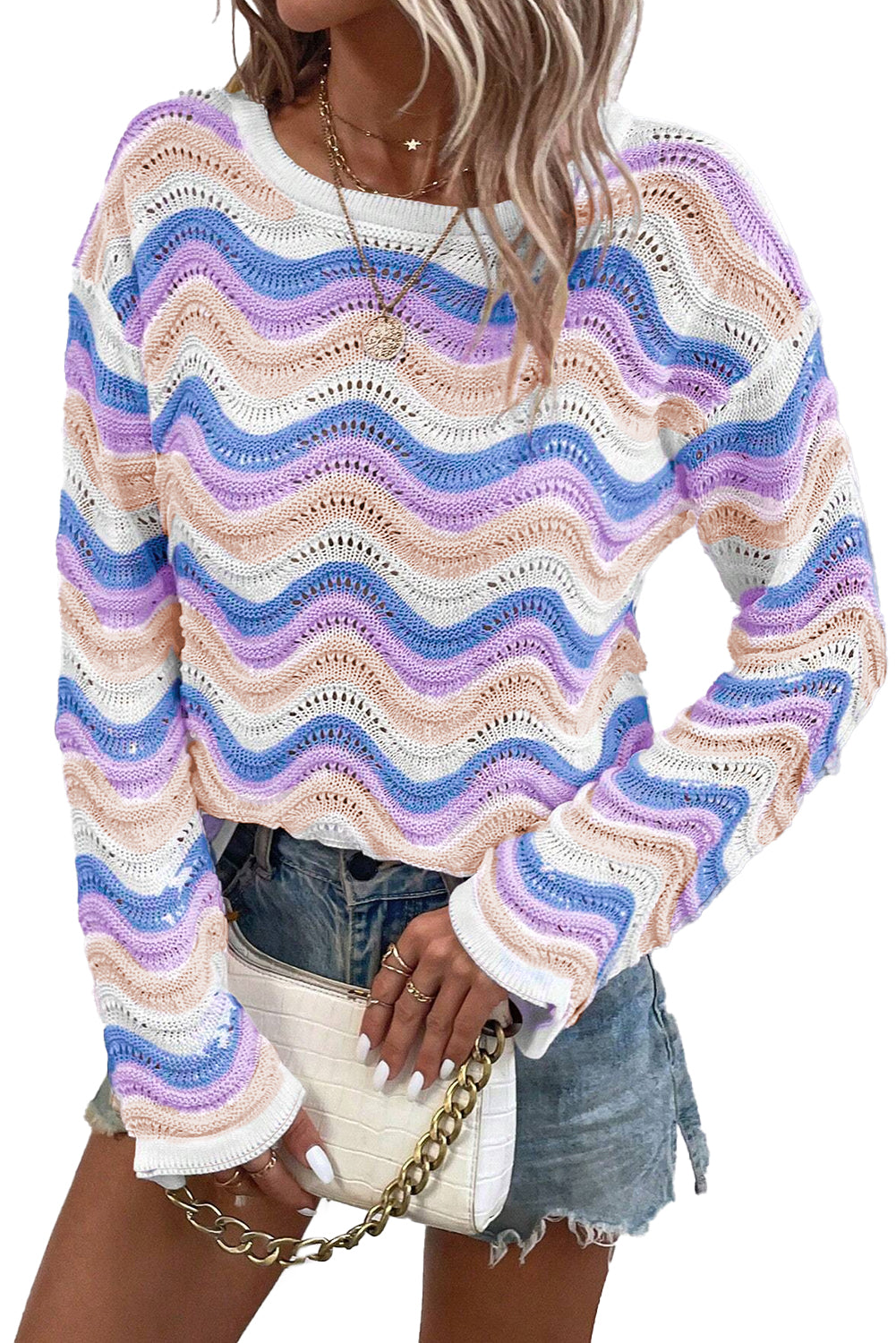 Purple Stripe Wavy Pointelle Knit Drop Shoulder Sweater