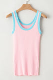 Pink Colorblock Edge Ribbed Knit U Neck Tank Top