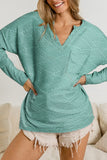 Green Textured Split Neck Long Sleeve Top