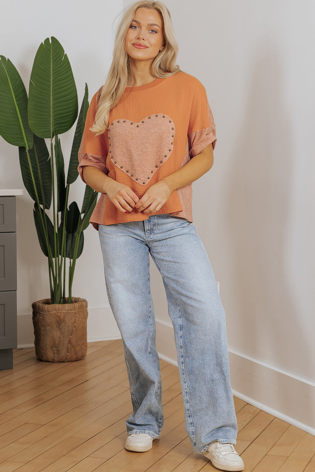 Desert Gold Stud Heart Patch Textured Front Dolman Top