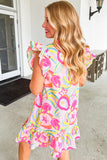 Pink Abstract Floral Ruffle Trim Flutter Sleeve Buttoned Dress