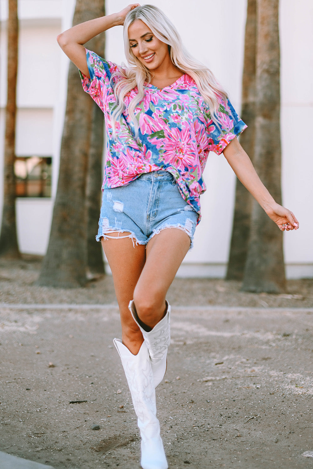 Pink Floral Print Loose Fit V Neck T Shirt