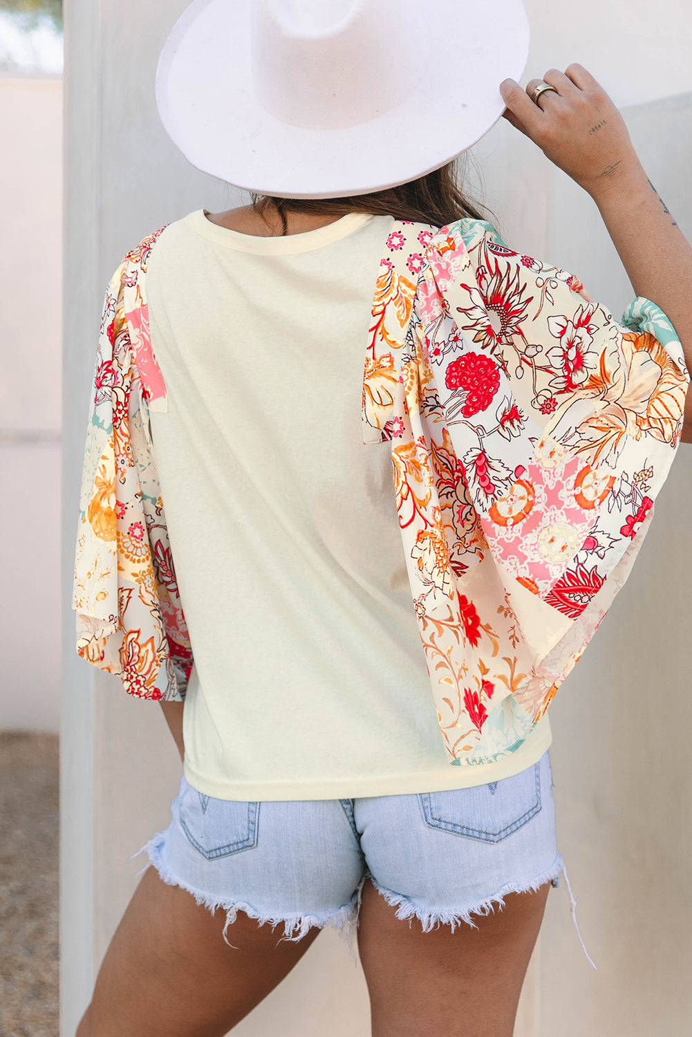 Beige Floral Patchwork Half Batwing Sleeve Blouse