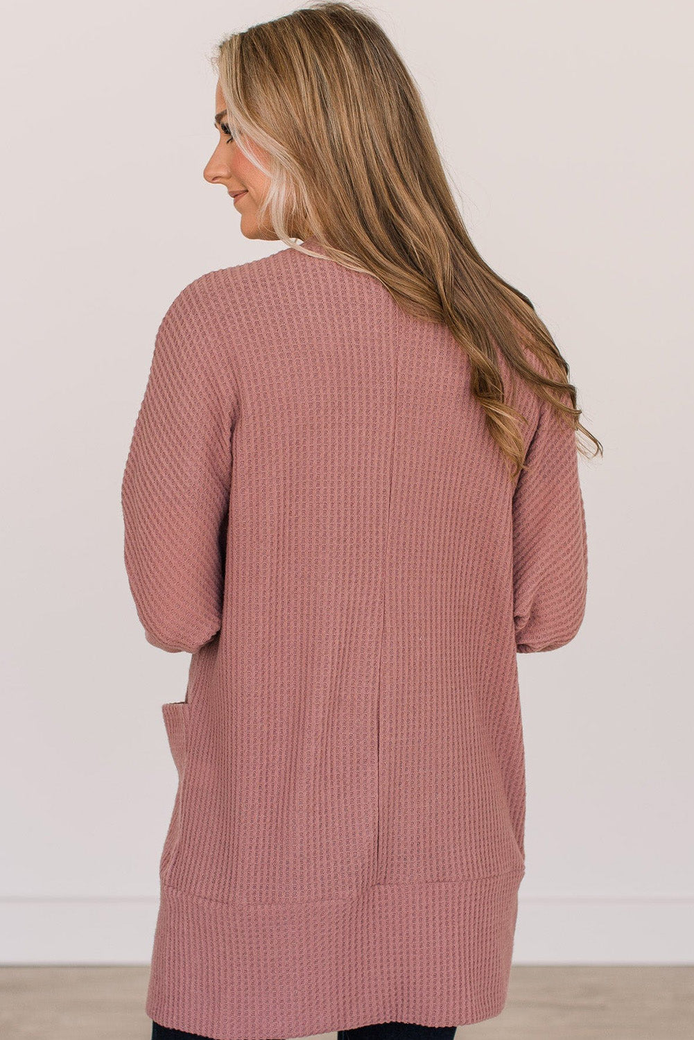 Mineral Red Solid Color Waffle Knit Cardigan with Pocket