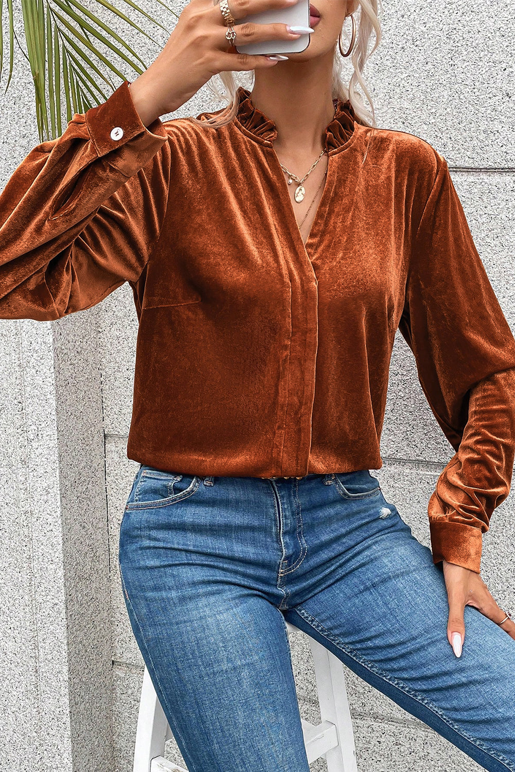 Gold Flame Frilled Collar Velvet Shirt