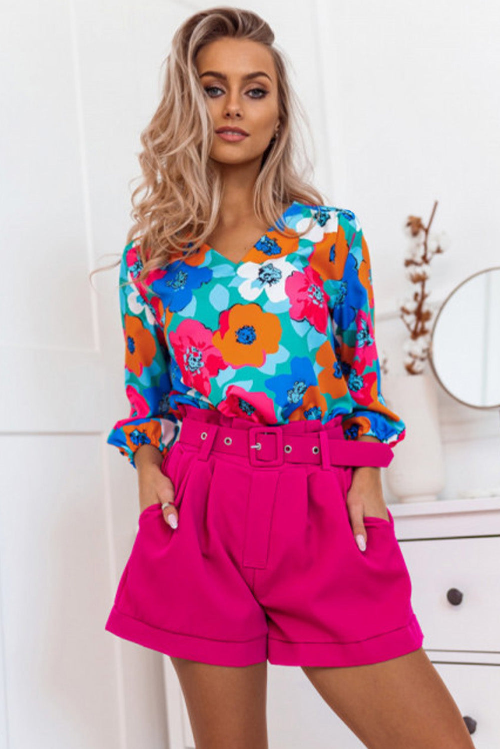 Multicolor Floral Print V Neck 3/4 Sleeve Blouse