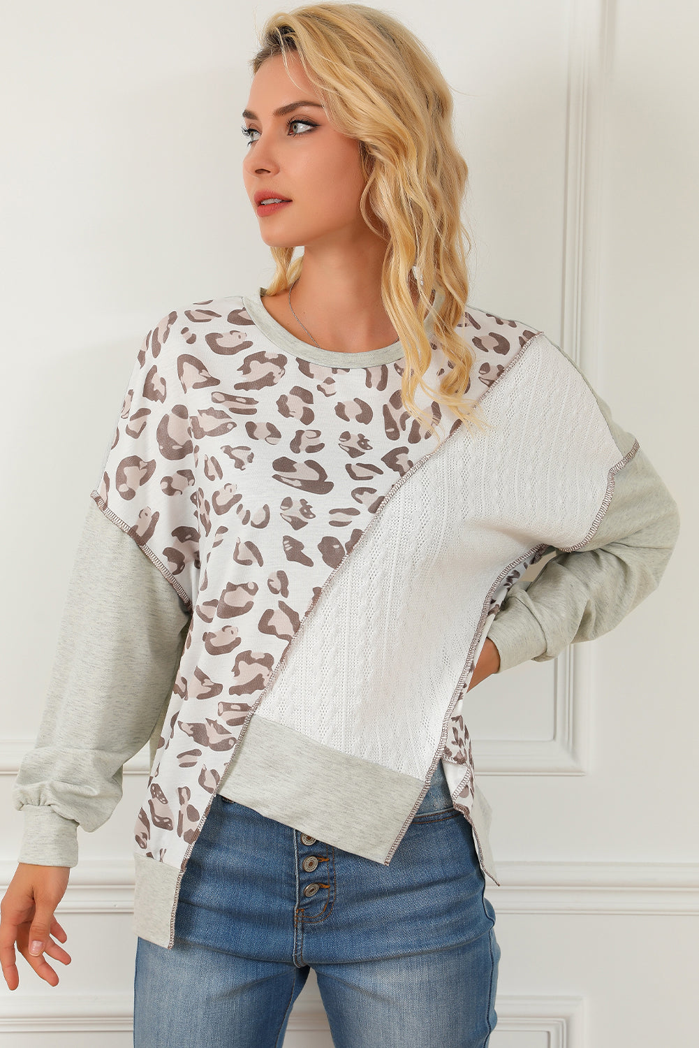 Asymmetrical Leopard Texture Splicing Loose Sweatshirt