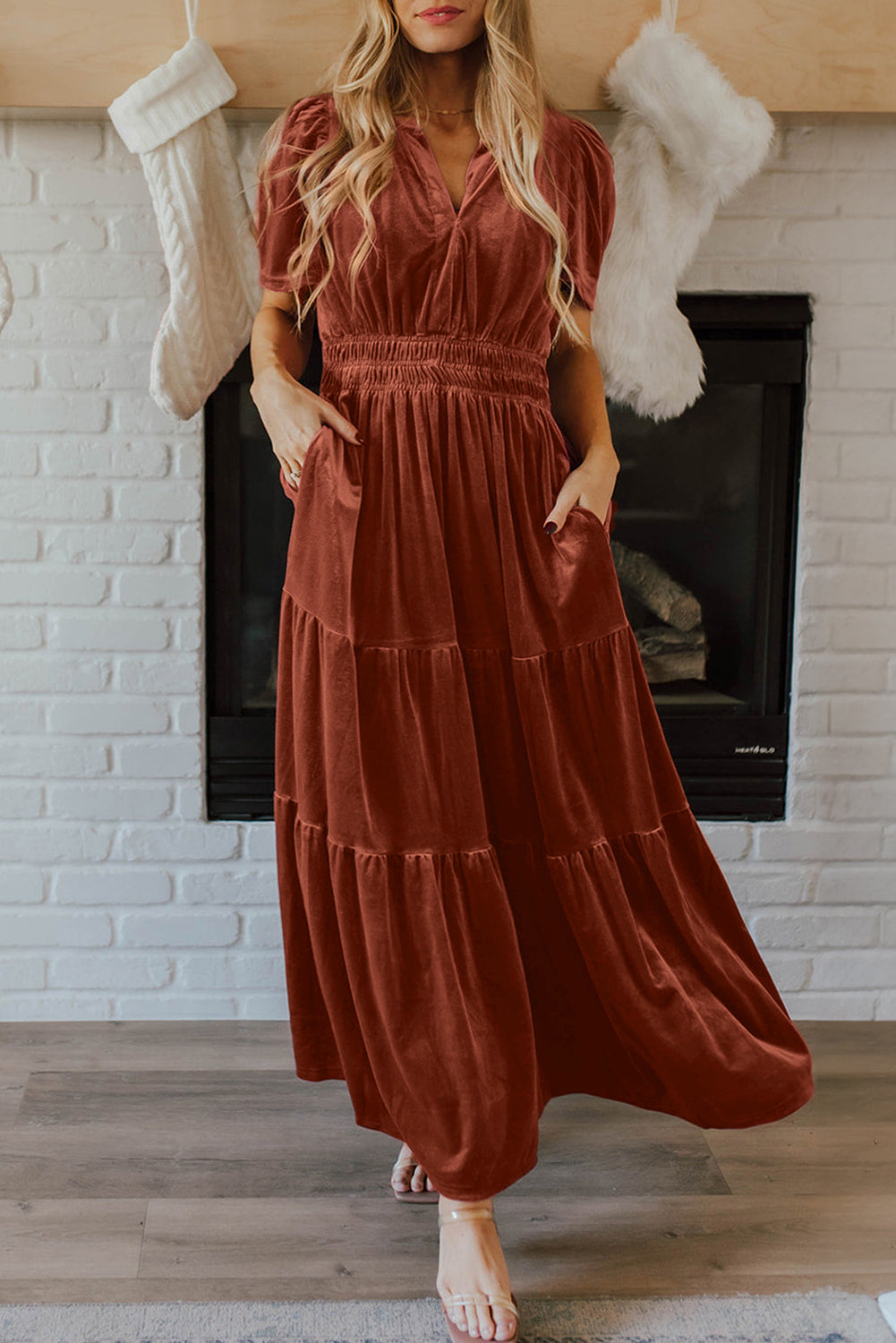 Women Short Sleeve Shirred Waist Tiered Maxi Dress