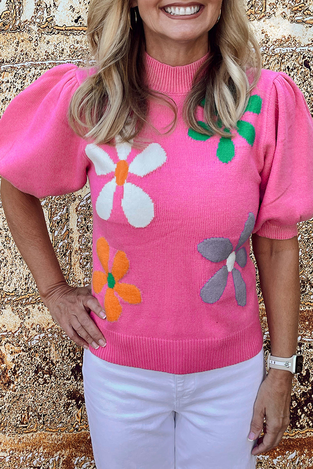 Bright Pink Floral Bubble Short Sleeve Sweater