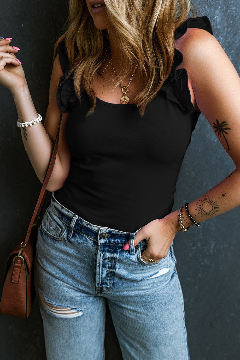 Black Ruffled Wide Straps Slim Tank Top