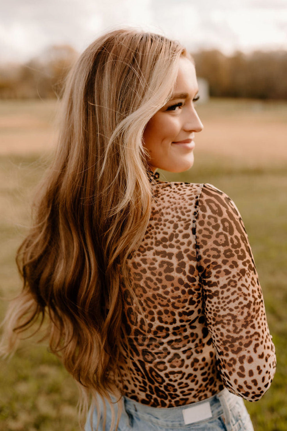 Brown Leopard Smocked Neck Mesh Long Sleeve Bodysuit