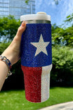 Dark Blue American Flag Star Full Rhinestone Handle Tumbler 40oz