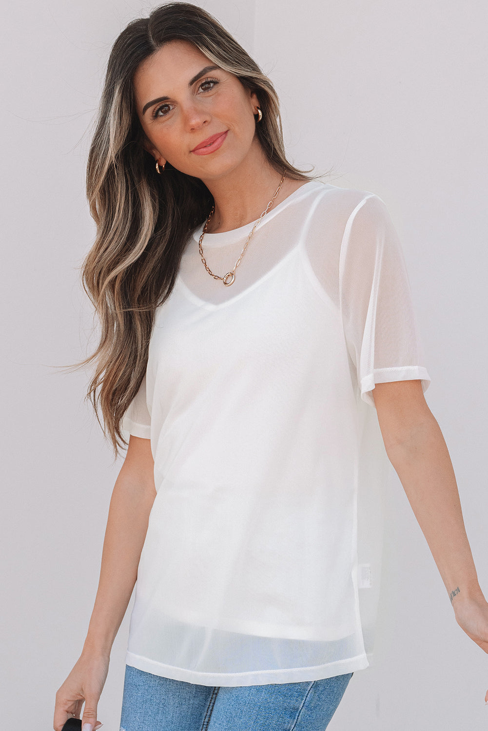 White Solid Color Sheer Mesh Patchwork Short Sleeve Top