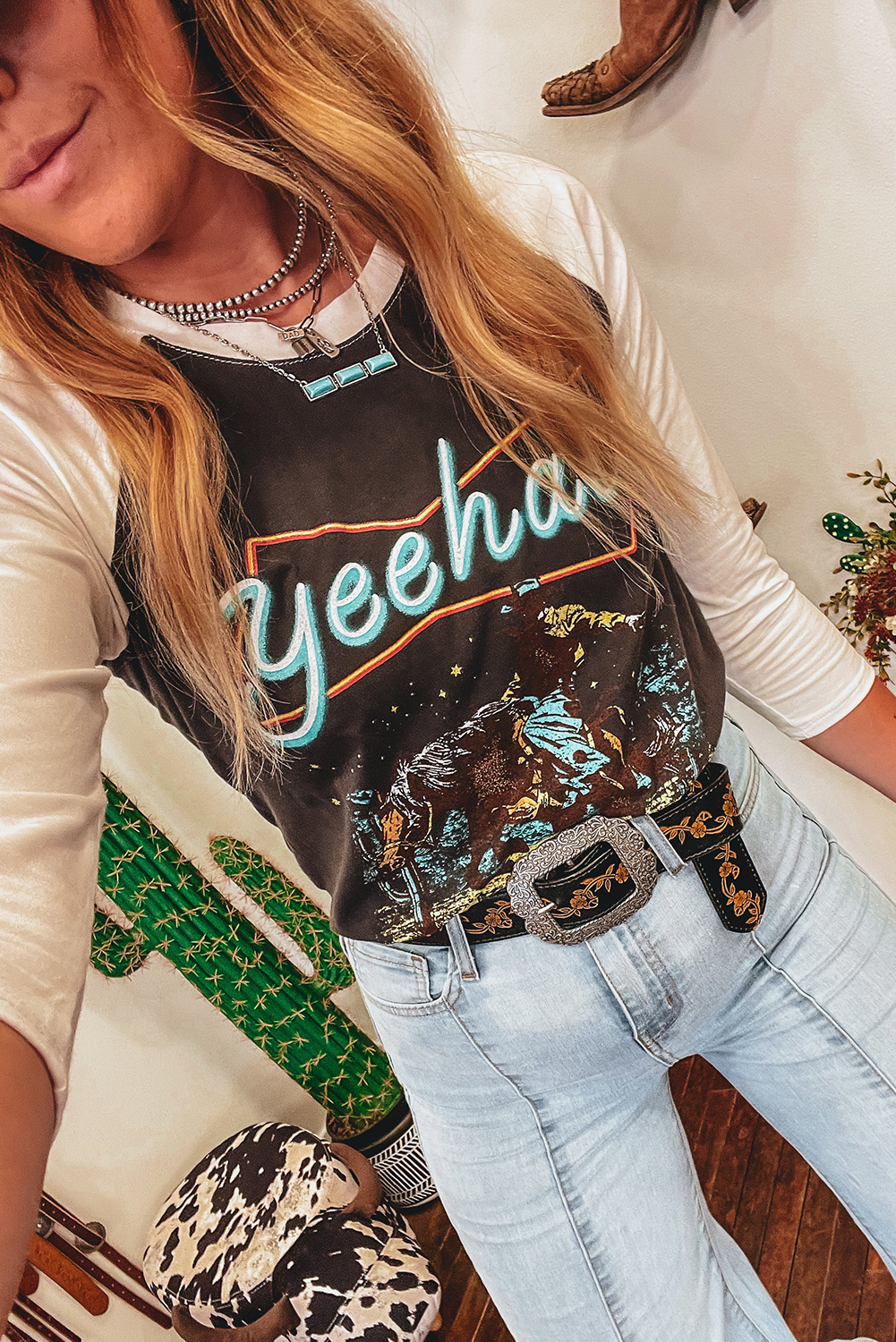 Brown Western Yeehaw Graphic Vintage Raglan Long Sleeve Top