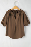 Chicory Coffee Frill Split Neck Puff Sleeve Crinkle Blouse