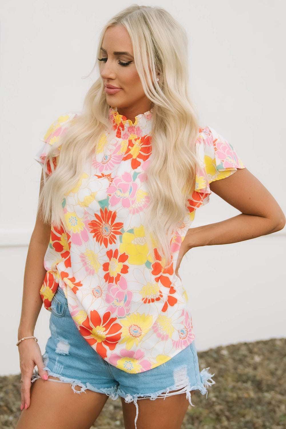 Multicolor Stand Collar Flutter Sleeves Floral Top