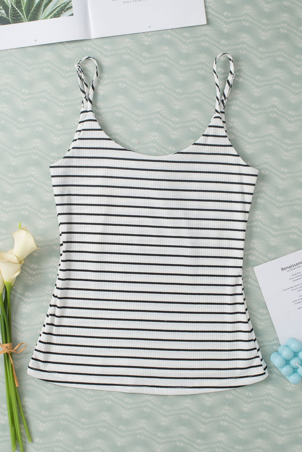 White Stripe Adjustable Straps Ribbed Knit Tank Top