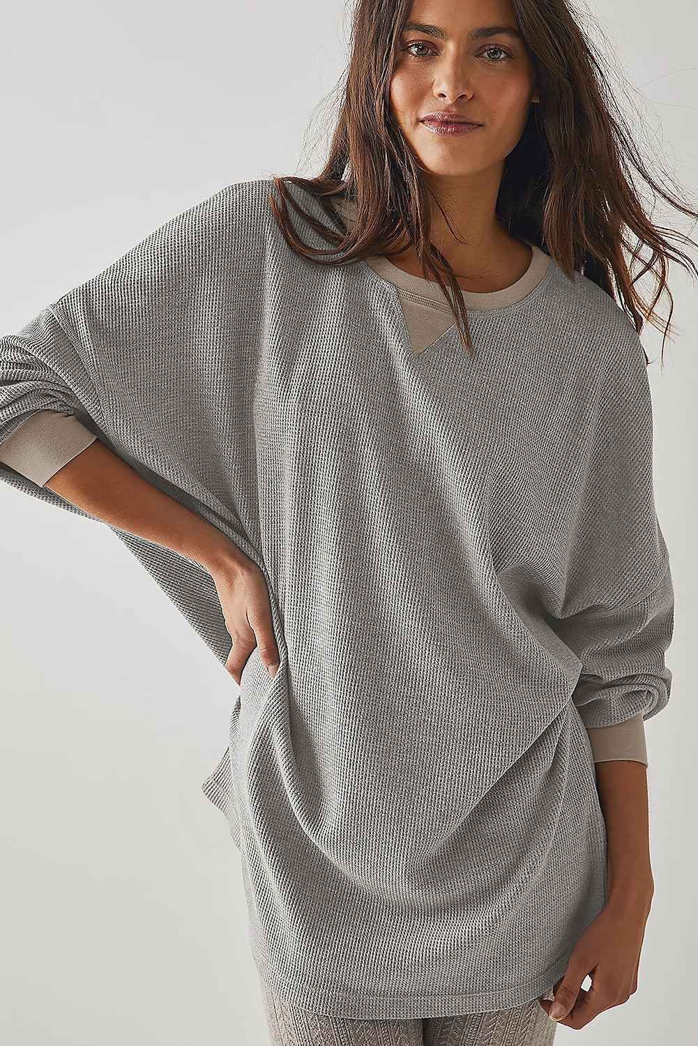 Gray Thermal Pullover Loose Sweatshirt