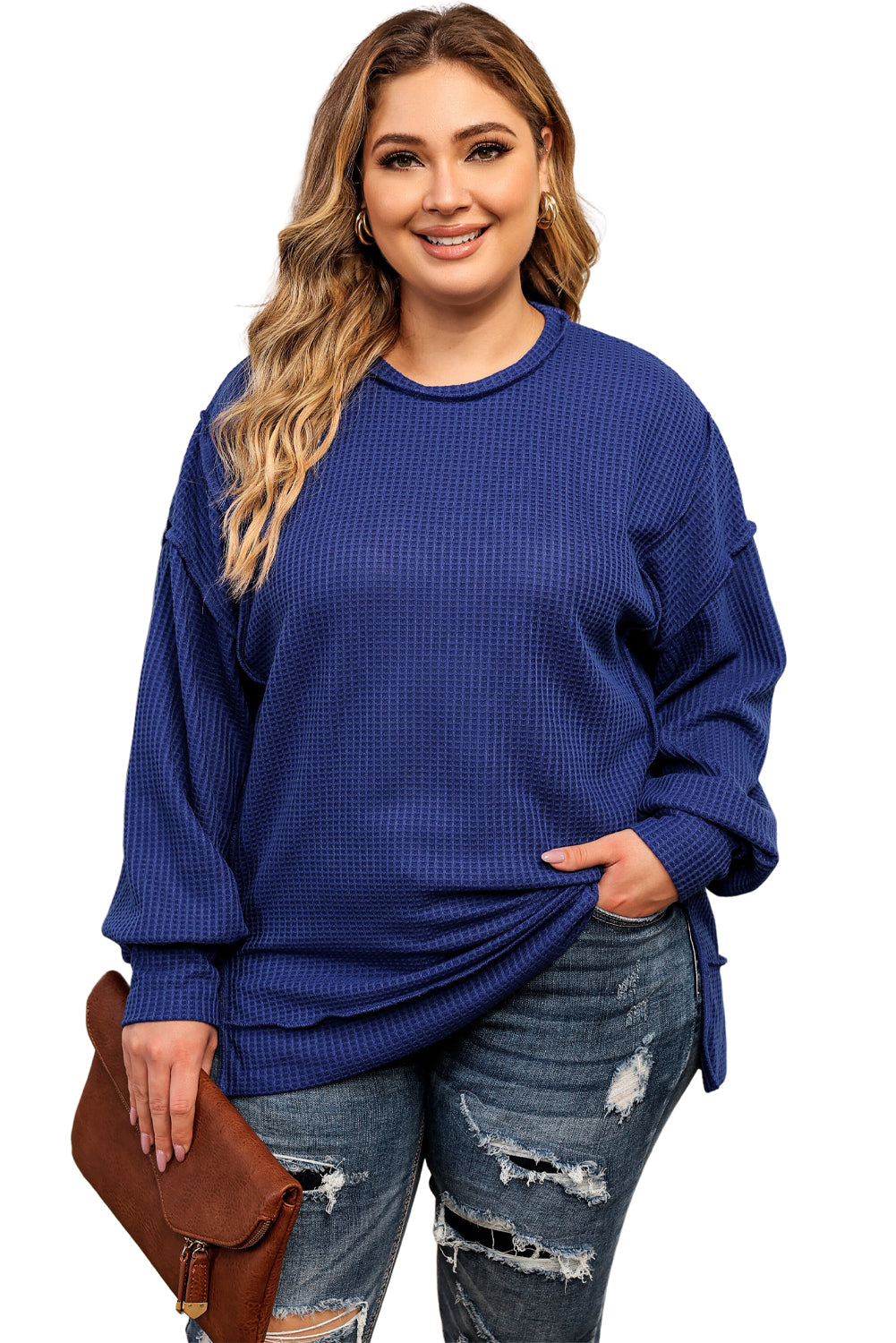 Blue Plus Size Waffle Knit Oversized Exposed Seam Top